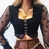 The Best Women Sheer Mesh Puff Long Sleeve See-through Blouse Shirt Summer Fashion Ladies Polka Dot V-Neck Casual Tops Online - Hplify