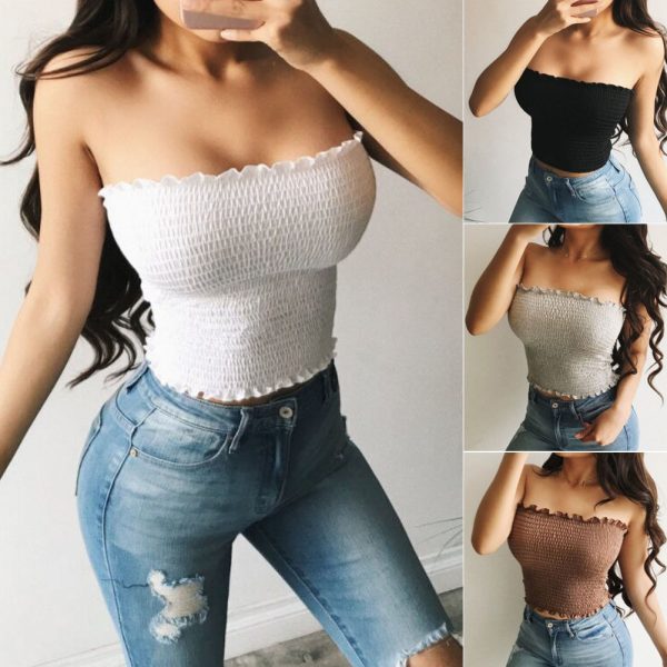 The Best Women Sheering Boob Off Shoulder Elastic Tube Top Gather Smoken Strapless Bandeau Sexy Ladies Shirred Crop Top Online - Hplify
