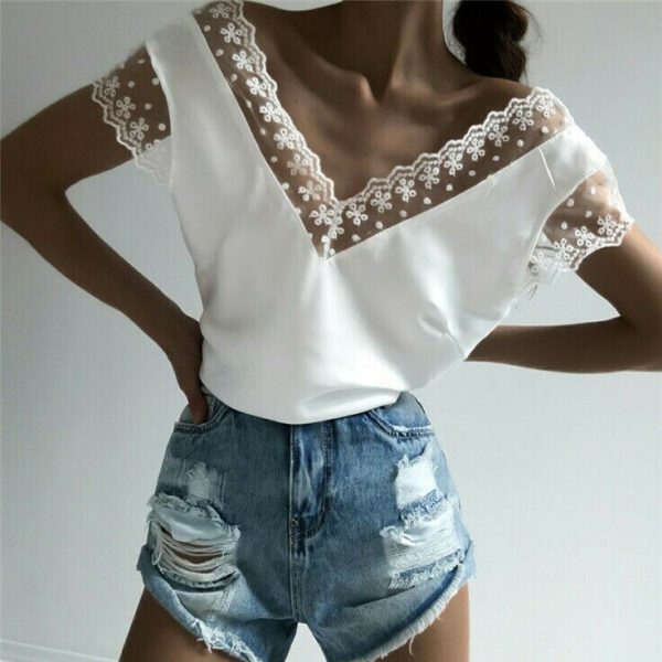 The Best Women Short Sleeve Hollow Lace Wave Deep V-Neck Summer Casual Blouse Tops Shirt Sexy Backless Loose Vest Tank Tops Online - Hplify