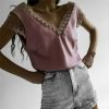 The Best Women Short Sleeve Hollow Lace Wave Deep V-Neck Summer Casual Blouse Tops Shirt Sexy Backless Loose Vest Tank Tops Online - Hplify