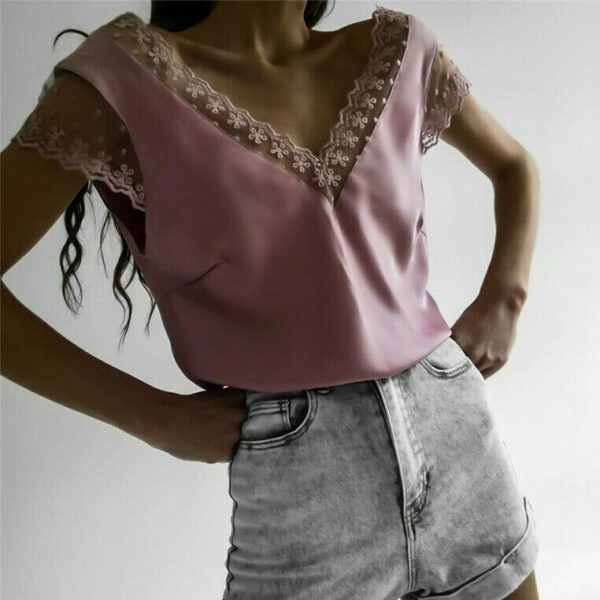The Best Women Short Sleeve Hollow Lace Wave Deep V-Neck Summer Casual Blouse Tops Shirt Sexy Backless Loose Vest Tank Tops Online - Hplify