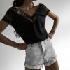 The Best Women Short Sleeve Hollow Lace Wave Deep V-Neck Summer Casual Blouse Tops Shirt Sexy Backless Loose Vest Tank Tops Online - Hplify