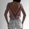 The Best Women Short Sleeve Hollow Lace Wave Deep V-Neck Summer Casual Blouse Tops Shirt Sexy Backless Loose Vest Tank Tops Online - Hplify