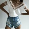 The Best Women Short Sleeve Hollow Lace Wave Deep V-Neck Summer Casual Blouse Tops Shirt Sexy Backless Loose Vest Tank Tops Online - Hplify