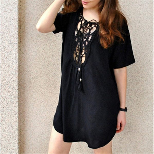 The Best Women Short Sleeve Loose Mini Dress Ladies Summer Shirt Solid Casual V-Neck Holiday Beach Dress Sundress Online - Hplify