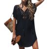 The Best Women Short Sleeve Loose Mini Dress Ladies Summer Shirt Solid Casual V-Neck Holiday Beach Dress Sundress Online - Hplify