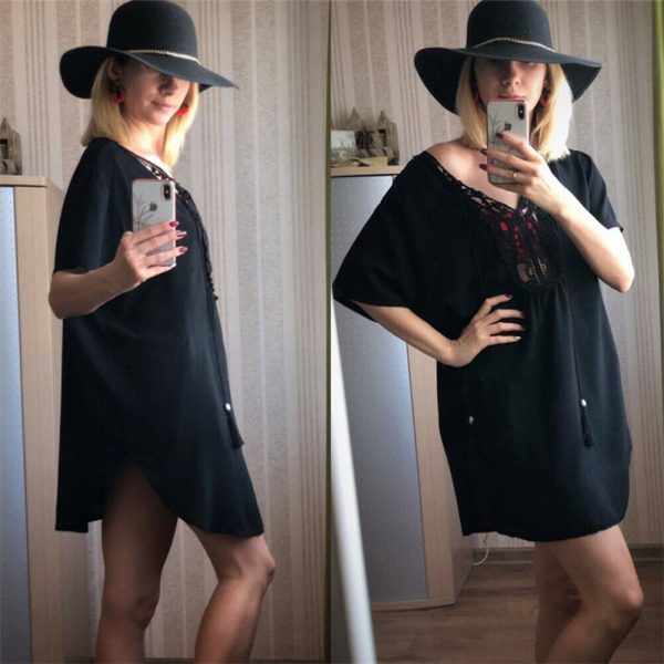 The Best Women Short Sleeve Loose Mini Dress Ladies Summer Shirt Solid Casual V-Neck Holiday Beach Dress Sundress Online - Hplify