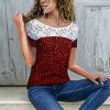 The Best Women Short Sleeve Sexy Lace Print T-Shirts Fashion Ladies Round Neck Summer Casual Loose Stitching Top New Online - Hplify
