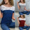 The Best Women Short Sleeve Sexy Lace Print T-Shirts Fashion Ladies Round Neck Summer Casual Loose Stitching Top New Online - Hplify