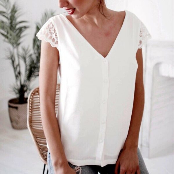 The Best Women Short Sleeve V-Neck Loose Shirts Fashion Elegant Ladies Summer Backless Solid Casual Blouse Tops Shirt Online - Hplify