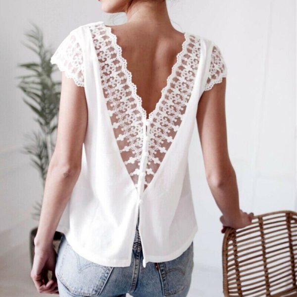 The Best Women Short Sleeve V-Neck Loose Shirts Fashion Elegant Ladies Summer Backless Solid Casual Blouse Tops Shirt Online - Hplify