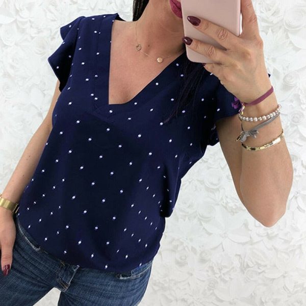 The Best Women Short Sleeve V-Neck Polka Dot Loose T-Shirts Fashion Ladies Holiday Summer Beach Casual Tops Shirt New Online - Hplify