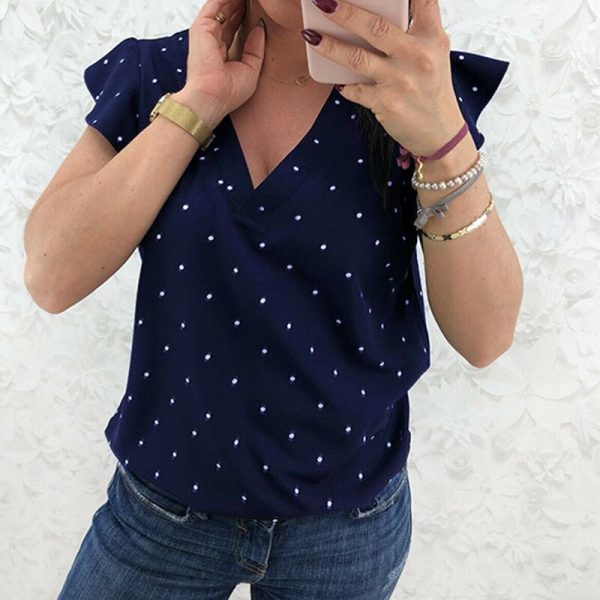 The Best Women Short Sleeve V-Neck Polka Dot Loose T-Shirts Fashion Ladies Holiday Summer Beach Casual Tops Shirt New Online - Hplify