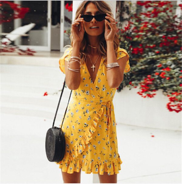 The Best Women Short Sleeve Wrap Boho Floral Mini Dress Fashion Ladies Summer Beach Casual V-Neck Short Sundress Holiday Online - Hplify