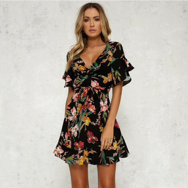The Best Women Short Sleeve Wrap Boho Floral Mini Dress Ladies Summer Party Beach Casual V-Neck Short Sundress Holiday Online - Hplify