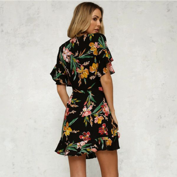 The Best Women Short Sleeve Wrap Boho Floral Mini Dress Ladies Summer Party Beach Casual V-Neck Short Sundress Holiday Online - Hplify