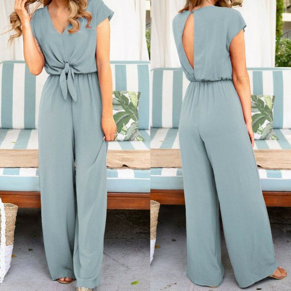 The Best Women Simple Jumpsuit Playsuit Casual Romper Wide Leg OL Ladies Summer Holiday Beach Long Pants Jumpsuit Trousers Online - Hplify