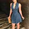 The Best Women Sleeveless Denim Deep V neck Dress Women Summer Mini Blue Dress Belted Party Short Mini Summer Sundress Clothes Online - Hplify