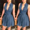 The Best Women Sleeveless Denim Deep V neck Dress Women Summer Mini Blue Dress Belted Party Short Mini Summer Sundress Clothes Online - Hplify