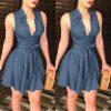 The Best Women Sleeveless Denim Deep V neck Dress Women Summer Mini Blue Dress Belted Party Short Mini Summer Sundress Clothes Online - Hplify