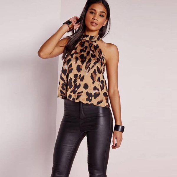 The Best Women Sleeveless Leopard Printed Halter Neck Tank Top Vest Party Christmas Backless Loose Casual Shirt Blouse Online - Hplify