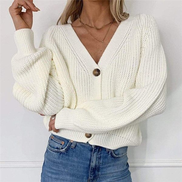 Women Solid Casual Sweater Oversize V Neck Knitted Cardigans 2020 Autumn Warm Loose Lantern Sleeve Single Row Button Female Coat - Hplify