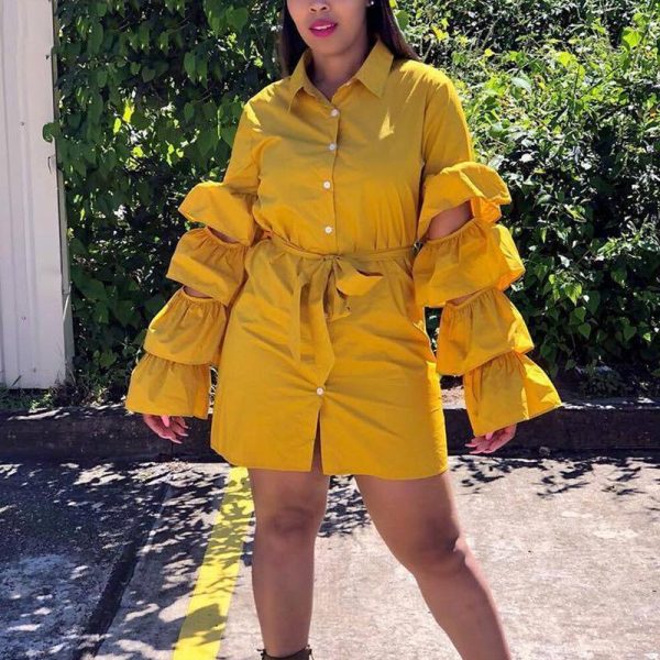 Women Solid Shirt Dress Buttoned Lantern Sleeve Wrapped Shirt Dress Turn Down Collar Chic Spring Fall Mini Casual Dresses - Hplify