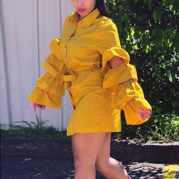 Women Solid Shirt Dress Buttoned Lantern Sleeve Wrapped Shirt Dress Turn Down Collar Chic Spring Fall Mini Casual Dresses - Hplify