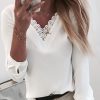 Women Solid V-Neck Lace Insert Shirt Long Sleeve Ruffles Embroidery Tops - Hplify