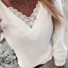 Women Solid V-Neck Lace Insert Shirt Long Sleeve Ruffles Embroidery Tops - Hplify