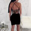 Women Spaghetti Strap Beading Bodycon Dress Club Party Backless Crisscross Black Dress Slinky Short Dresses - Hplify