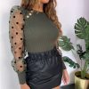 The Best Women Spring Mesh Puff Long Sleeve Ribbed Knitted Shirt Loose Casual Polka Dots Blouse Tops Elegant Turtleneck Party Clubwear Online - Hplify