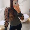 The Best Women Spring Mesh Puff Long Sleeve Ribbed Knitted Shirt Loose Casual Polka Dots Blouse Tops Elegant Turtleneck Party Clubwear Online - Hplify