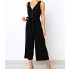 The Best Women Strap Wide Legs Bodycon Jumpsuit Fashion Sleeveless V-neck Loose Linen Baggy Romper Solid Casual Outfits Online - Hplify