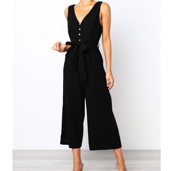 The Best Women Strap Wide Legs Bodycon Jumpsuit Fashion Sleeveless V-neck Loose Linen Baggy Romper Solid Casual Outfits Online - Hplify