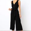 The Best Women Strap Wide Legs Bodycon Jumpsuit Fashion Sleeveless V-neck Loose Linen Baggy Romper Solid Casual Outfits Online - Hplify