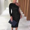 Women Stretchy Glitter Dress Long Sleeve Knee Bodycon Dress Chain Strap One Shoulder Party Dresses Black Glittering Vestido - Hplify
