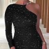 Women Stretchy Glitter Dress Long Sleeve Knee Bodycon Dress Chain Strap One Shoulder Party Dresses Black Glittering Vestido - Hplify