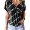 The Best Women Stripe V-Neck Loose T-Shirts Fashion Ladies Summer Casual Batwing Sleeve Loose Button Top Shirt Office Shirt Online - Hplify