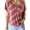 The Best Women Stripe V-Neck Loose T-Shirts Fashion Ladies Summer Casual Batwing Sleeve Loose Button Top Shirt Office Shirt Online - Hplify
