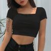 The Best Women Summer Beach Short Sleeve Square Neck T-Shirt Ladies Sexy Slim Crop Tank Top Casual Outwear Streetwear Online - Hplify