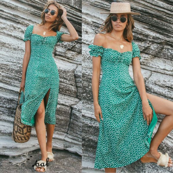 The Best Women Summer Bohemian Boho Short Sleeve High Waist Casual Dress Polka Dot Party Ladies Beach Sundress New Online - Hplify
