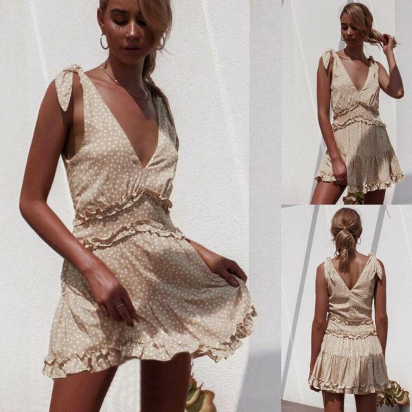 The Best Women Summer Boho Casual Sleeveless Sexy Ladies Deep V-Neck Falbala Party Casual Beach Mini Dress Sundress Online - Hplify