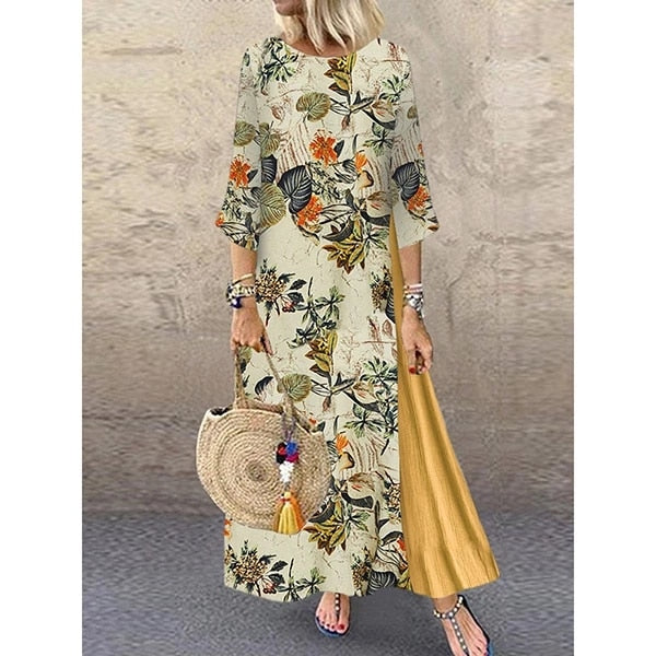 The Best Women Summer Boho Floral O Neck Long Sleeve Maxi Dress Ladies Casual Loose Dress Oversized Kaftan Beach Sundress Online - Hplify