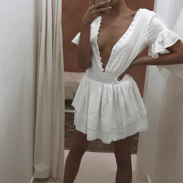 The Best Women Summer Boho Ruffle Short Mini Dress Female Short Sleeve V Neck Casual Beach Party Holiday Sundress Summer Clothes Online - Hplify