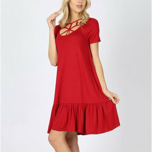 The Best Women Summer Boho Short Sleeve Mini Dress Ladies Party Beach Solid Casual Round Neck Pocket Dress Sundress Online - Hplify