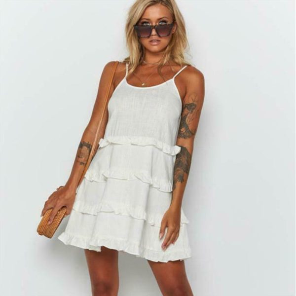 The Best Women Summer Boho Sleeveless Dress Ladies Casual Party Summer Holiday Beach Ruffle A-Line Short Mini Dress Sundress Online - Hplify