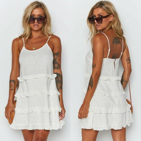 The Best Women Summer Boho Sleeveless Dress Ladies Casual Party Summer Holiday Beach Ruffle A-Line Short Mini Dress Sundress Online - Hplify