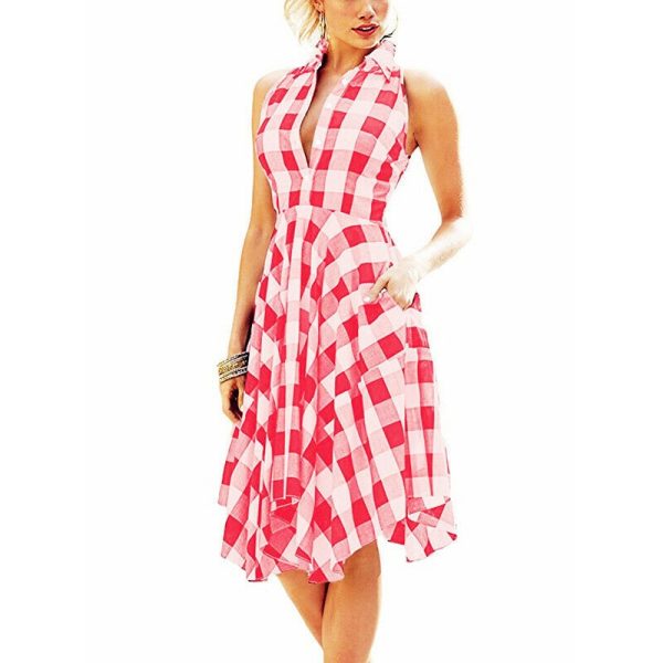 The Best Women Summer Casual Dress OL Ladies Sleeveless Plaid Shirt Dress Elegant Women Party Pleated Irregular Dress Lady Clothes Online - Hplify