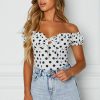The Best Women Summer Casual Off Shoulder Ruffles Trim V Neck Bowknot Tank Dot Print Vest Puff Sleeve Sleeveless Crop Tops Tee Online - Hplify